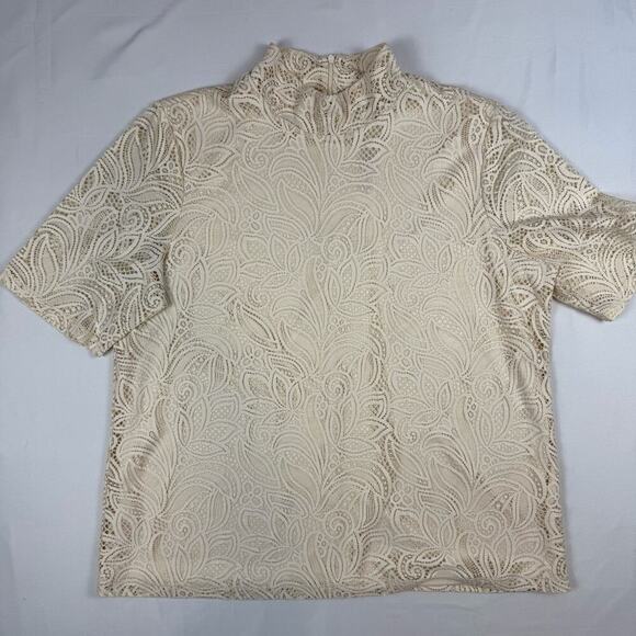 Chico's Tops - Chico's Lace Knit Cream Top Mock Neck Lined Elbow Tee Grandma Cottage NEW XL